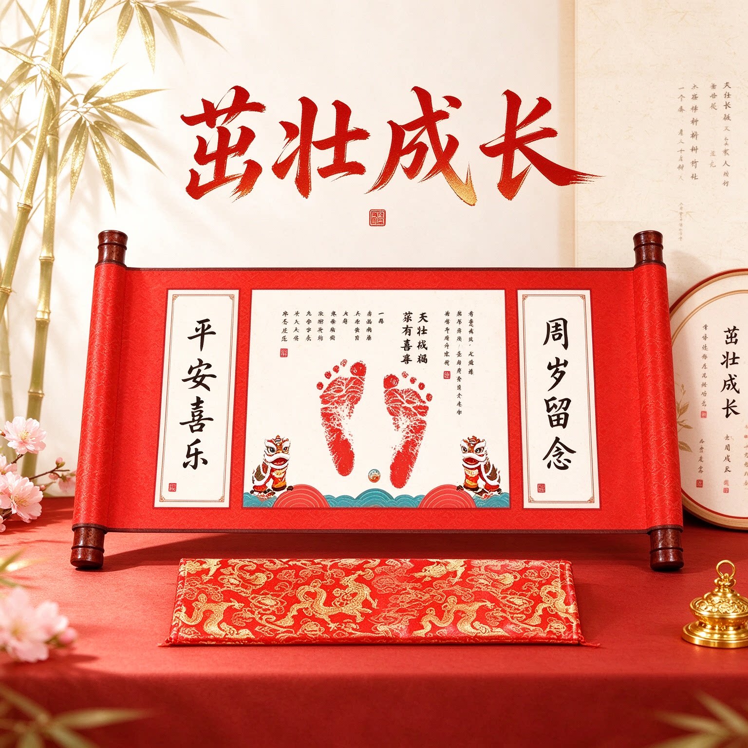 中国风新生婴儿手足印宝宝纪念字画茁壮成长喜乐安康吉庆有余仪式