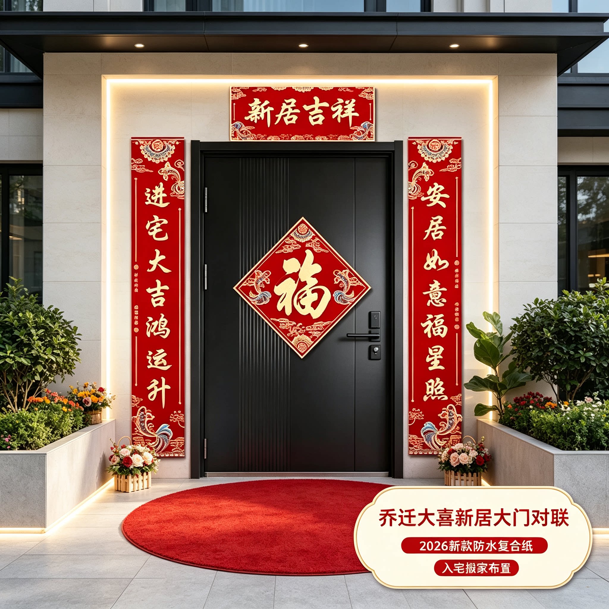 乔迁大喜新居大门对联2026新款防水复合纸入宅搬家布置装饰品