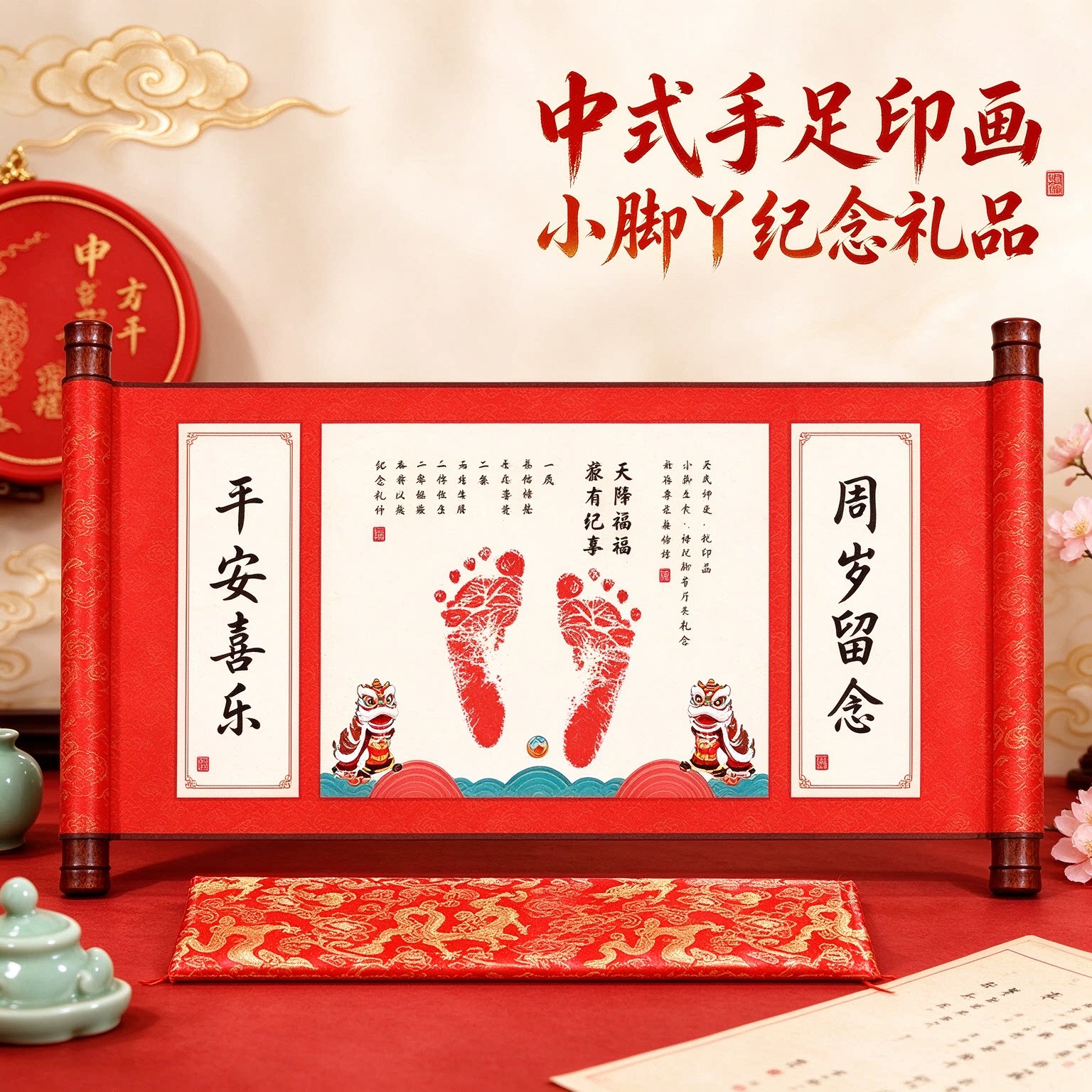 中式手足印画小脚丫纪念礼品年年如意福寿安康童趣满满健康快乐