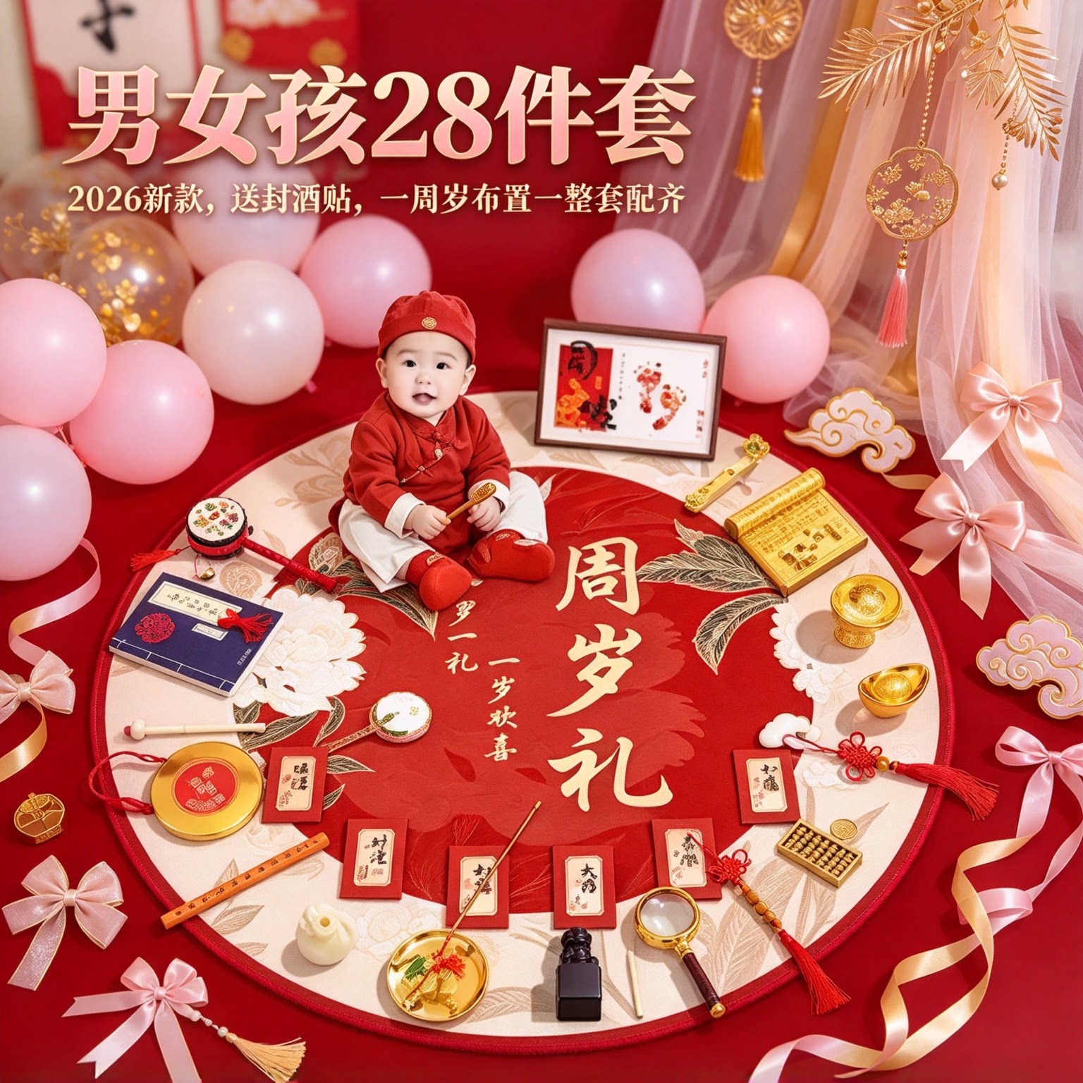 婴儿抓周用品套装男女孩28件2026新款送封酒贴一周岁布置一整套