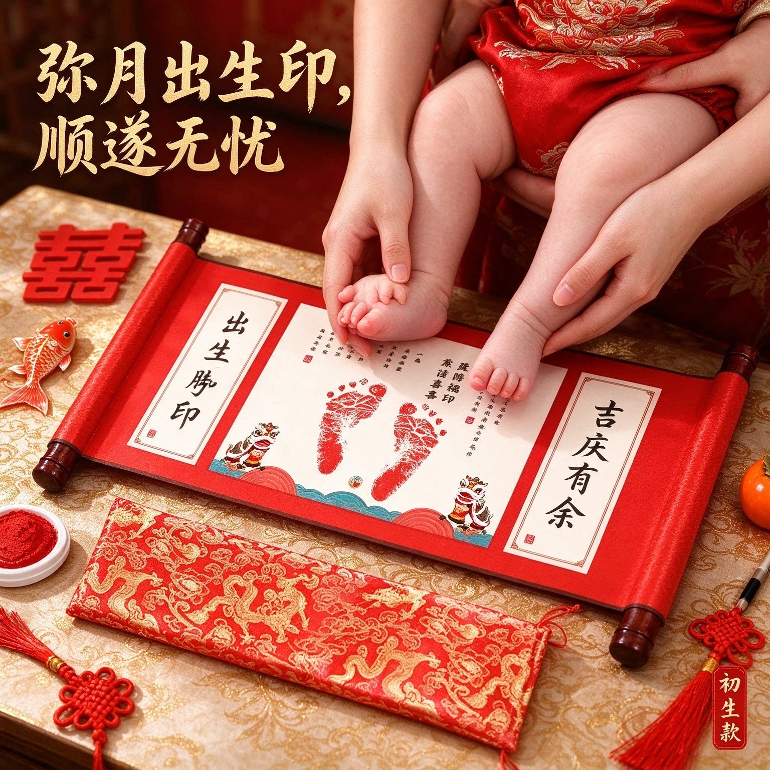 顺遂无忧弥月出生脚印手印宝宝送写字笔卷轴挂画满满仪式吉庆有余