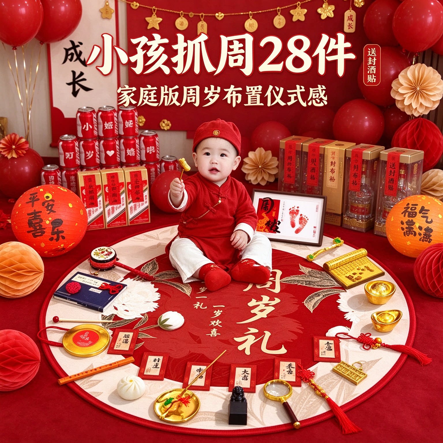 抓周道具套装小孩28件套家庭版送封酒贴周岁布置仪式感用品大全