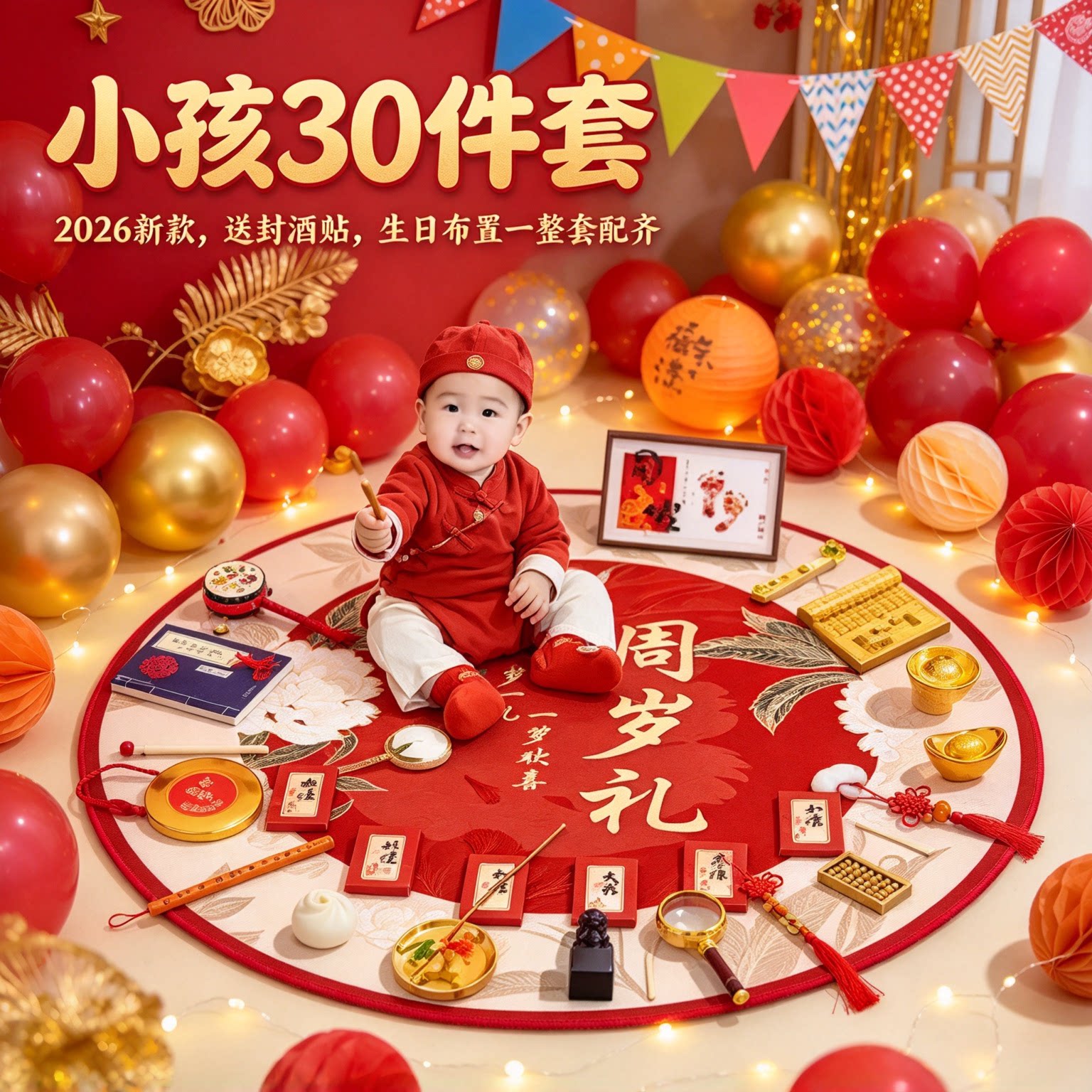 一周岁抓周用品道具小孩30件套2026新款送封酒贴生日布置一整套