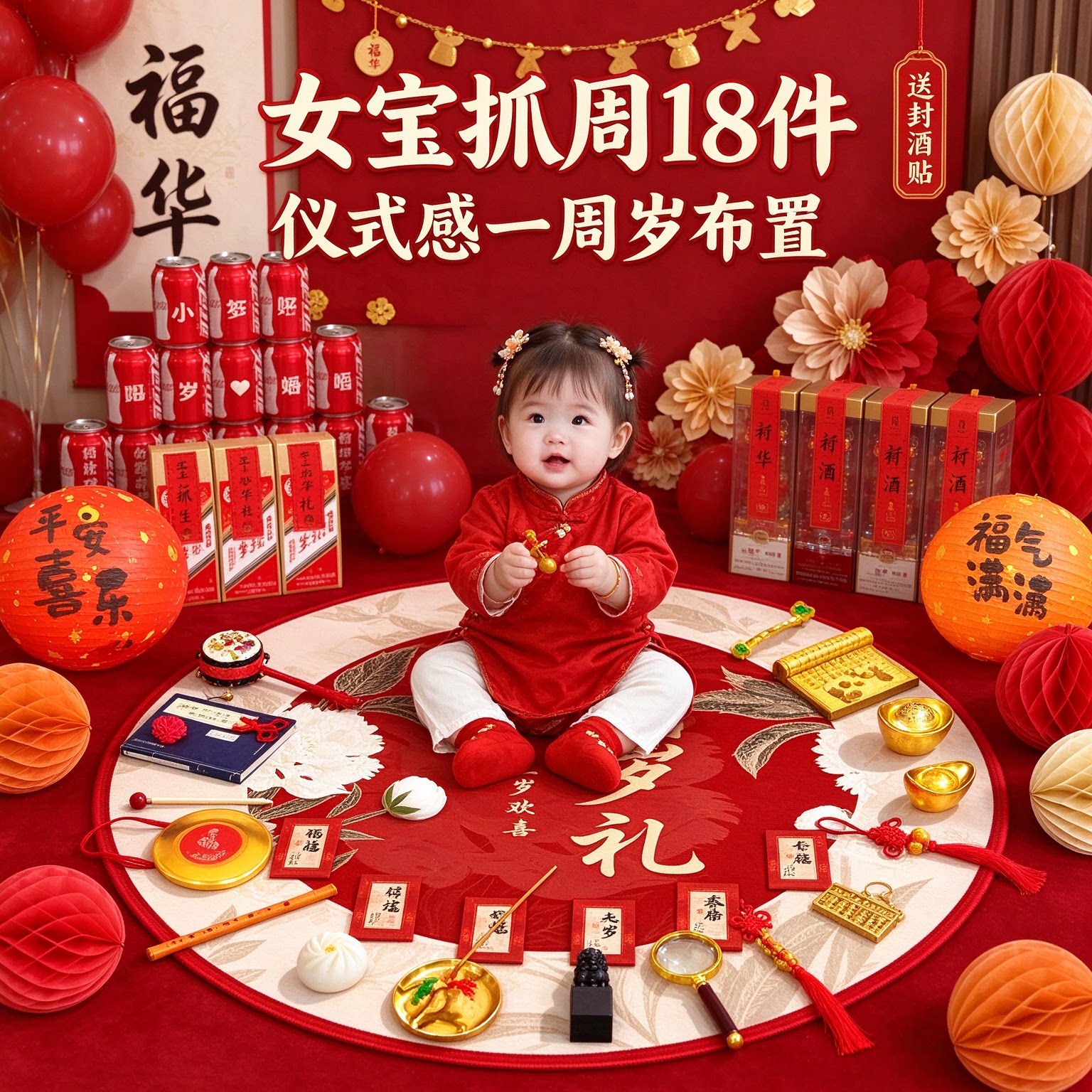 婴儿抓周道具女宝18件套仪式感送封酒贴一周岁布置套装用品大全