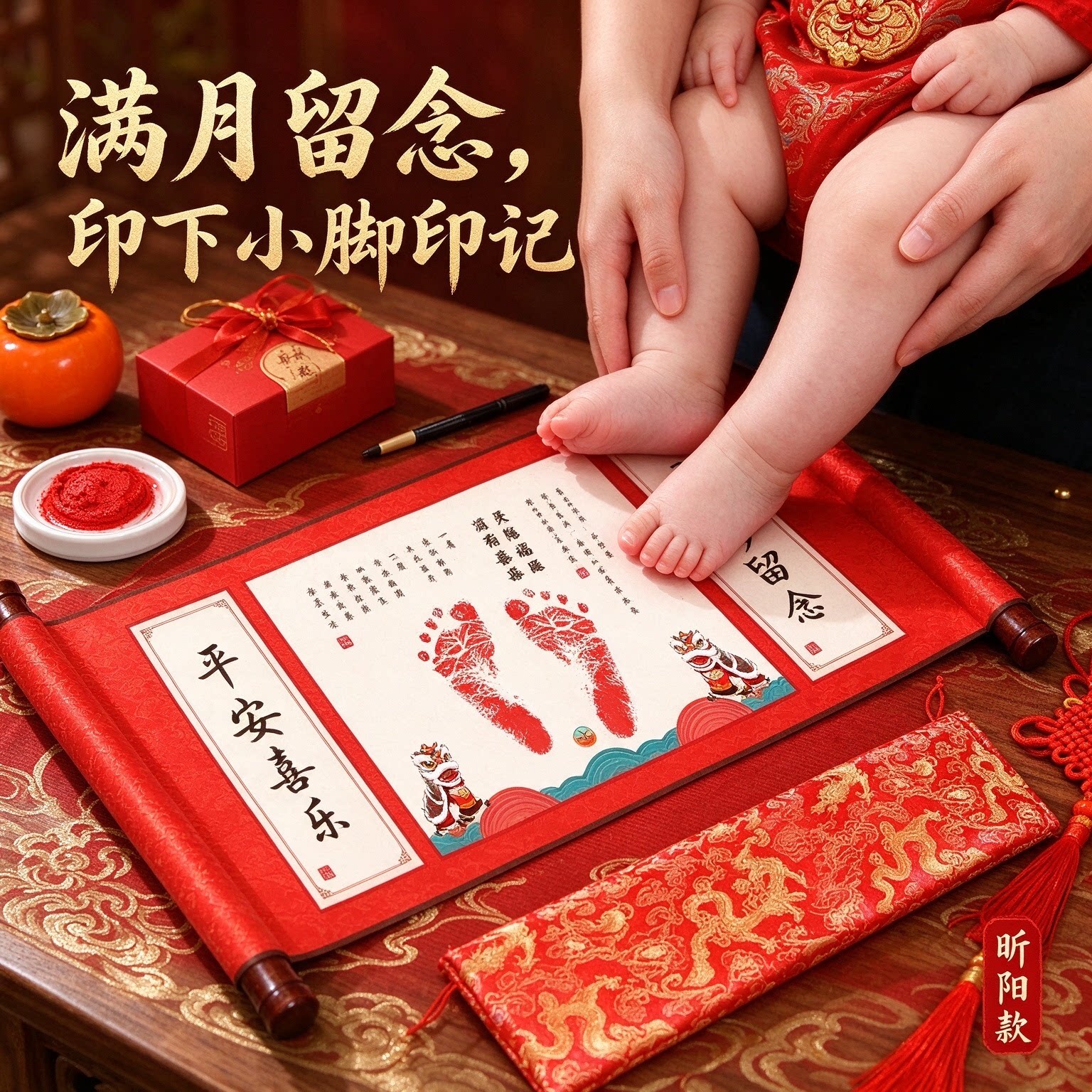 满月宝宝脚印印泥写字笔留念字画添丁之喜满满仪式茁壮成长中国风