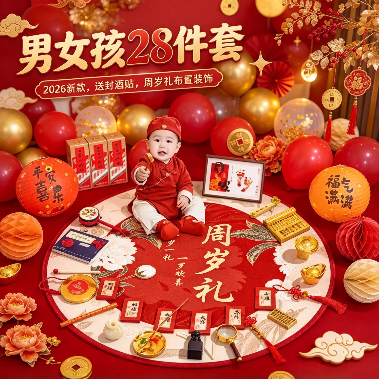 婴儿抓周用品套装男女孩28件套2026新款送封酒贴周岁礼布置装饰
