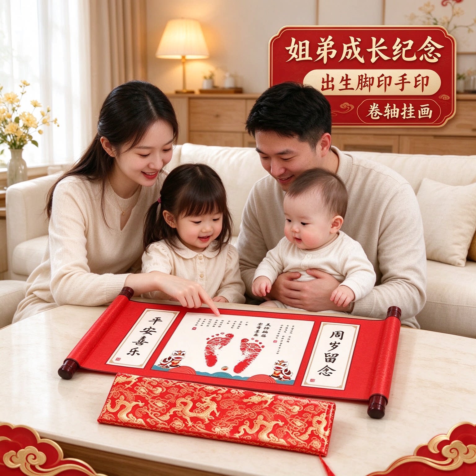 姐弟成长纪念礼物出生脚印手印卷轴挂画添丁之喜吉祥如意福寿安康