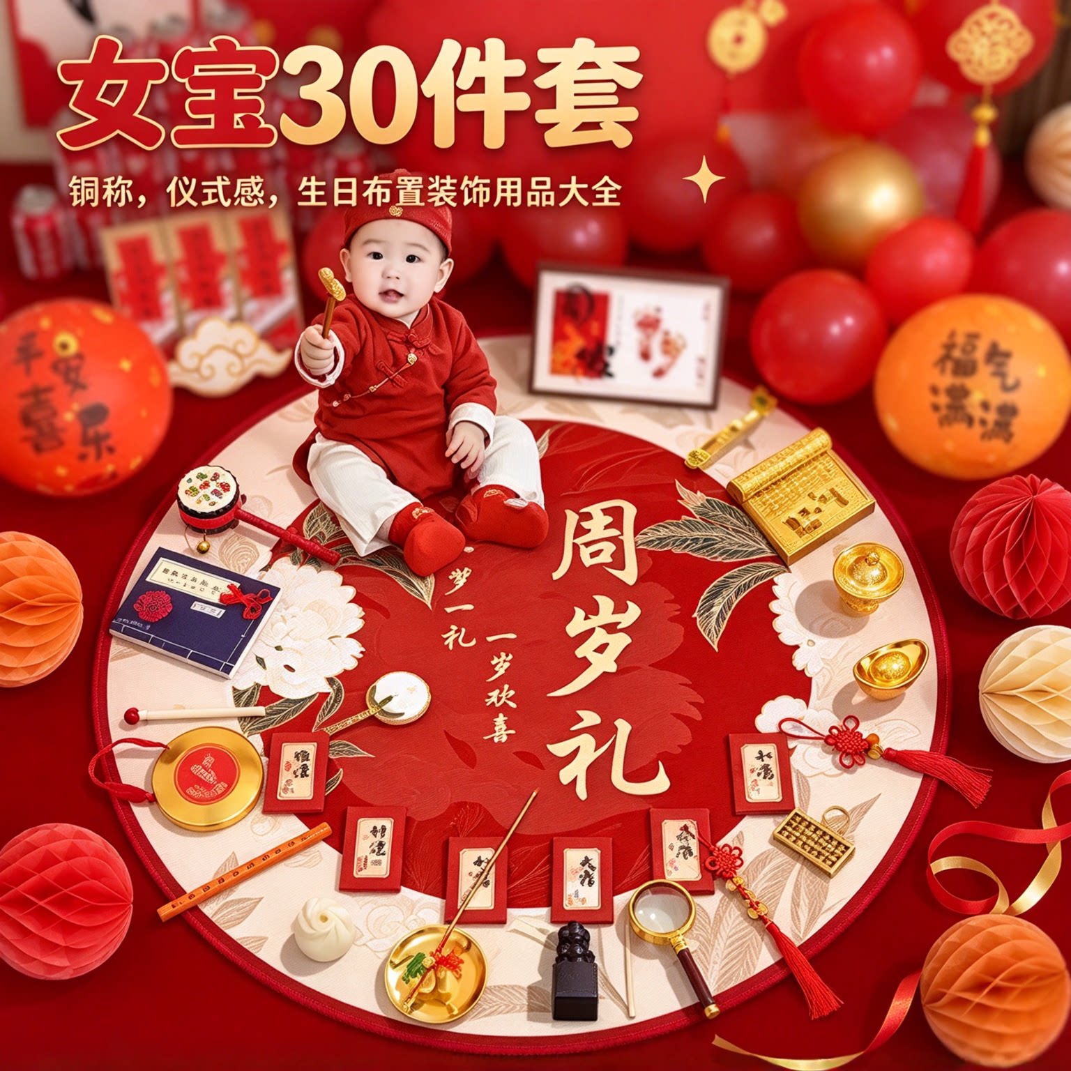 周岁礼抓周道具全套女宝30件套仪式感铜称生日布置装饰用品大全