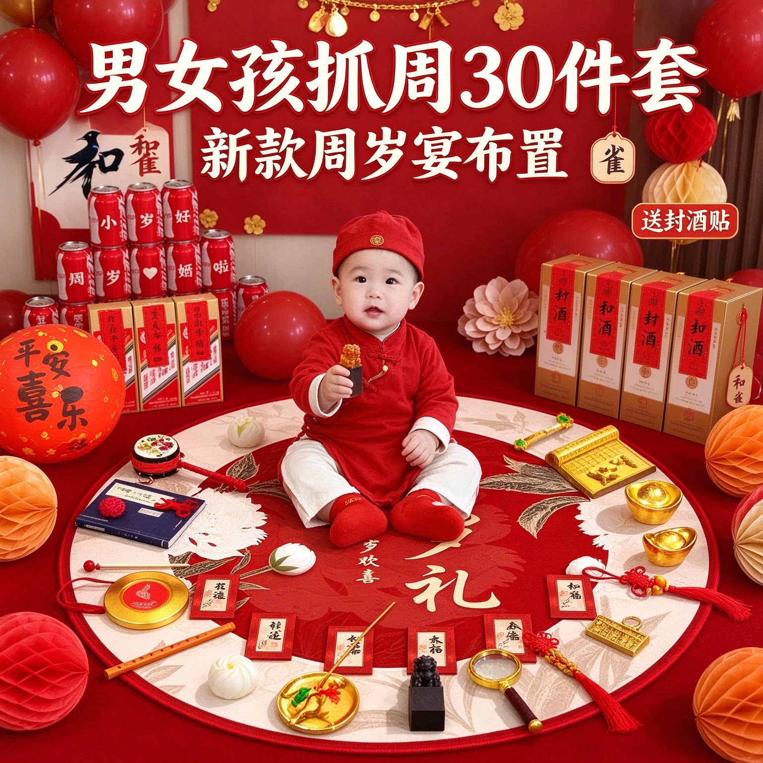 婴儿抓周道具男女孩30件套新款送封酒贴周岁宴布置装饰用品大全