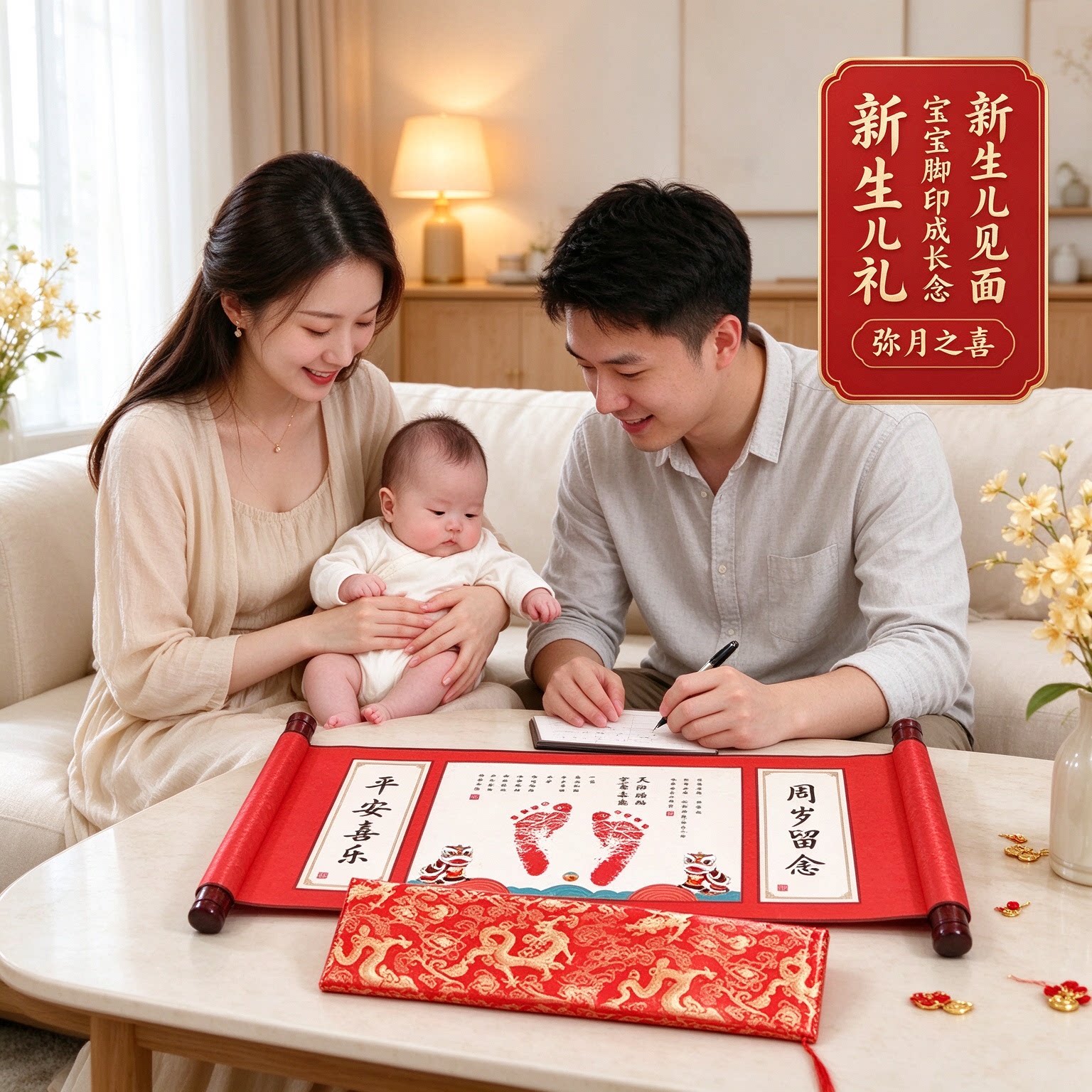 新生儿见面礼宝宝脚印成长纪念顺遂无忧弥月之喜萌趣可爱年年如意