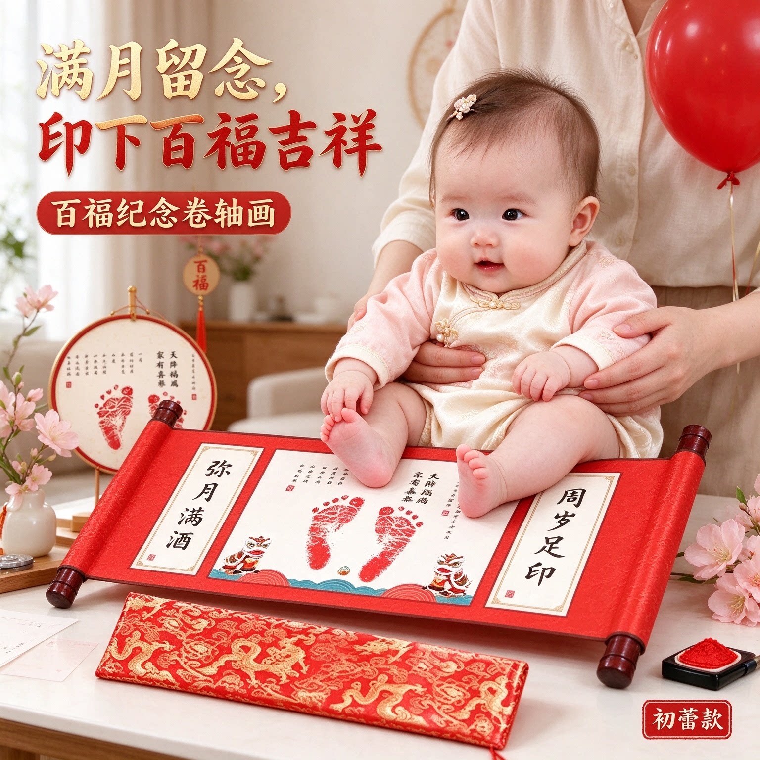 弥月满月酒小脚丫宝宝手足印百福纪念卷轴画亲笔题写吉祥如意吉庆