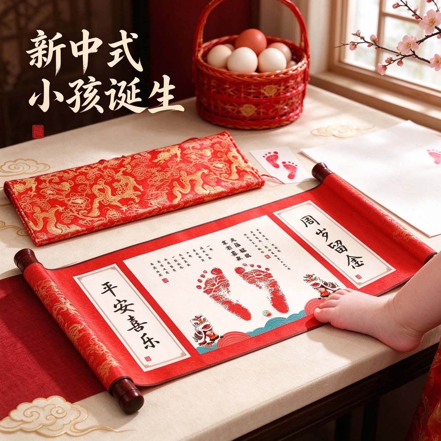 新中式小孩诞生宝宝脚印成长纪念品喜笑颜开弥月之喜满满仪式暖心
