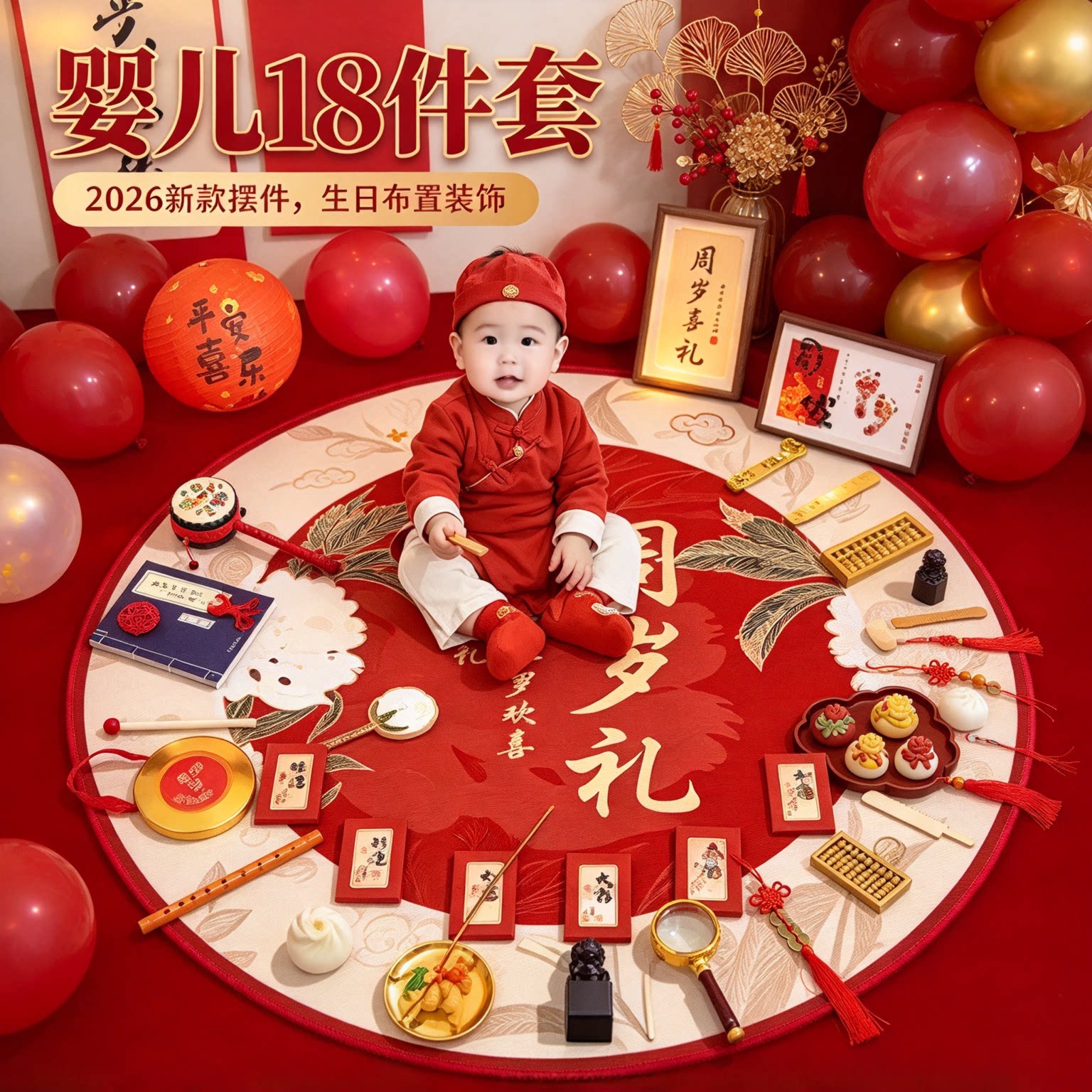 周岁礼抓周道具全套婴儿18件套2026新款摆件生日布置装饰用品大全