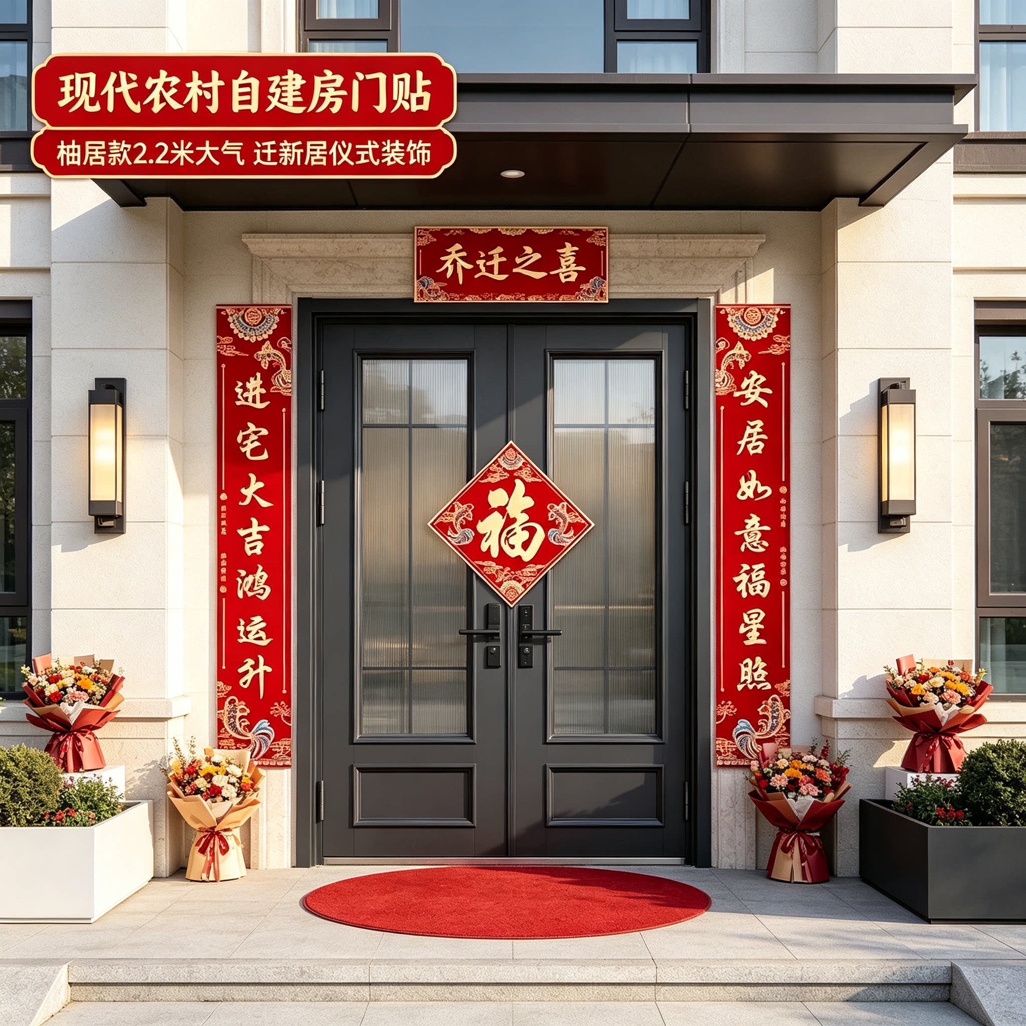 乔迁之喜对联农村自建房大门2.2米大气迁新居仪式装饰福字门贴