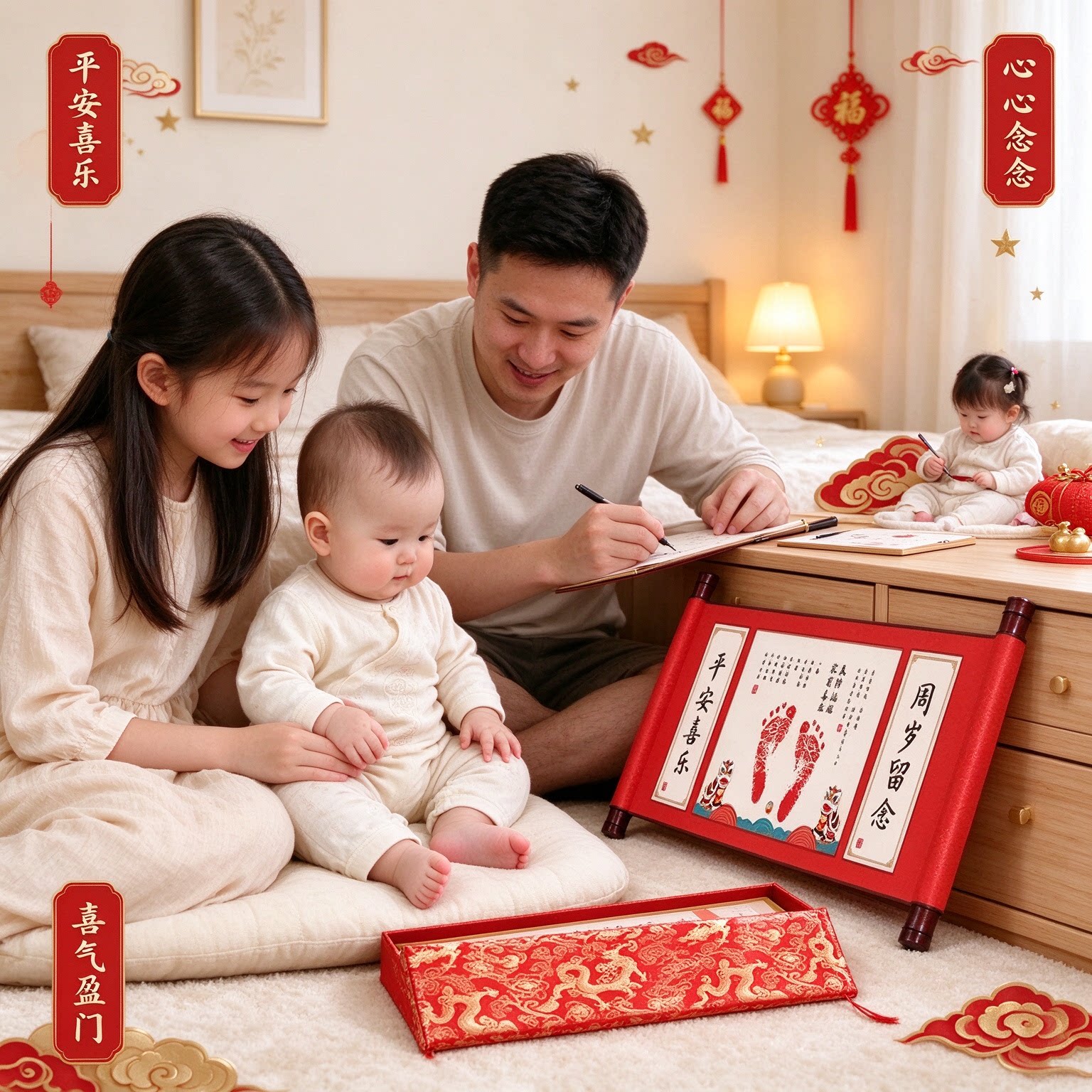 成长纪念礼物手足印卷轴全套知足常乐平安喜乐喜气盈门心心念念