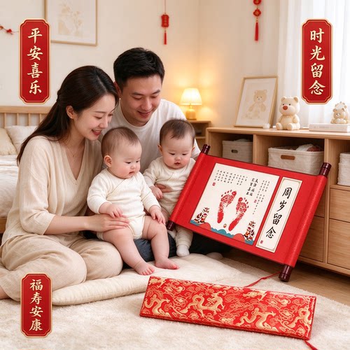 满月纪念礼物全家福宝宝手足印卷轴挂画平安喜乐福寿安康时光留念