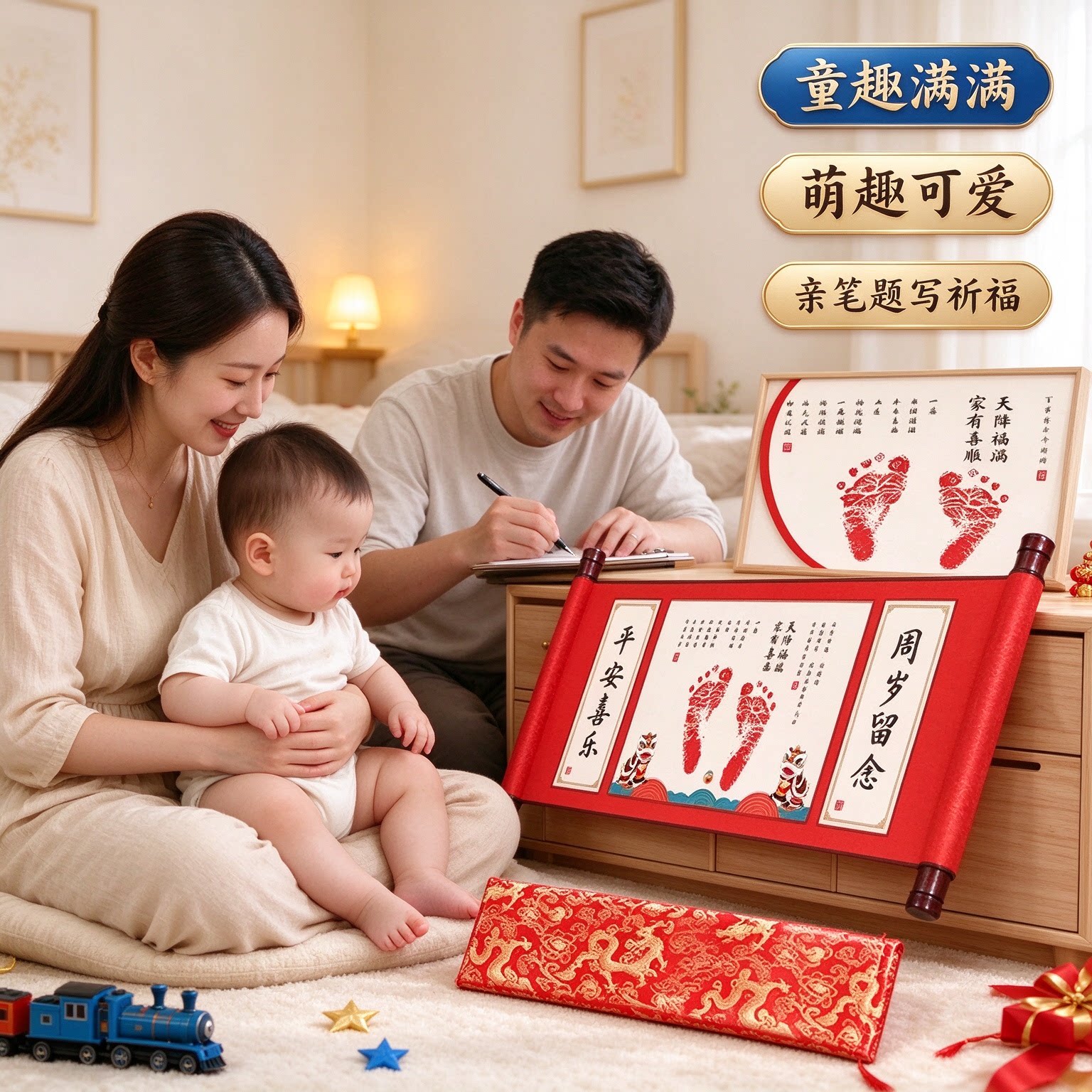 男宝周岁礼物卷轴画脚印手印纪念品童趣满满萌趣可爱亲笔题写祈福