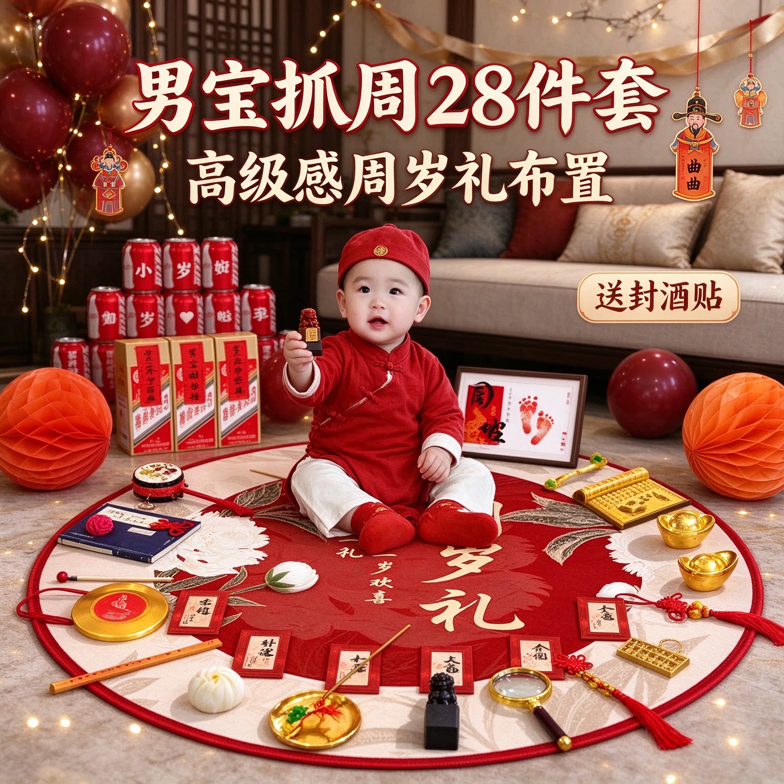 抓周道具套装男宝28件套高级感送封酒贴周岁礼布置装饰用品大全
