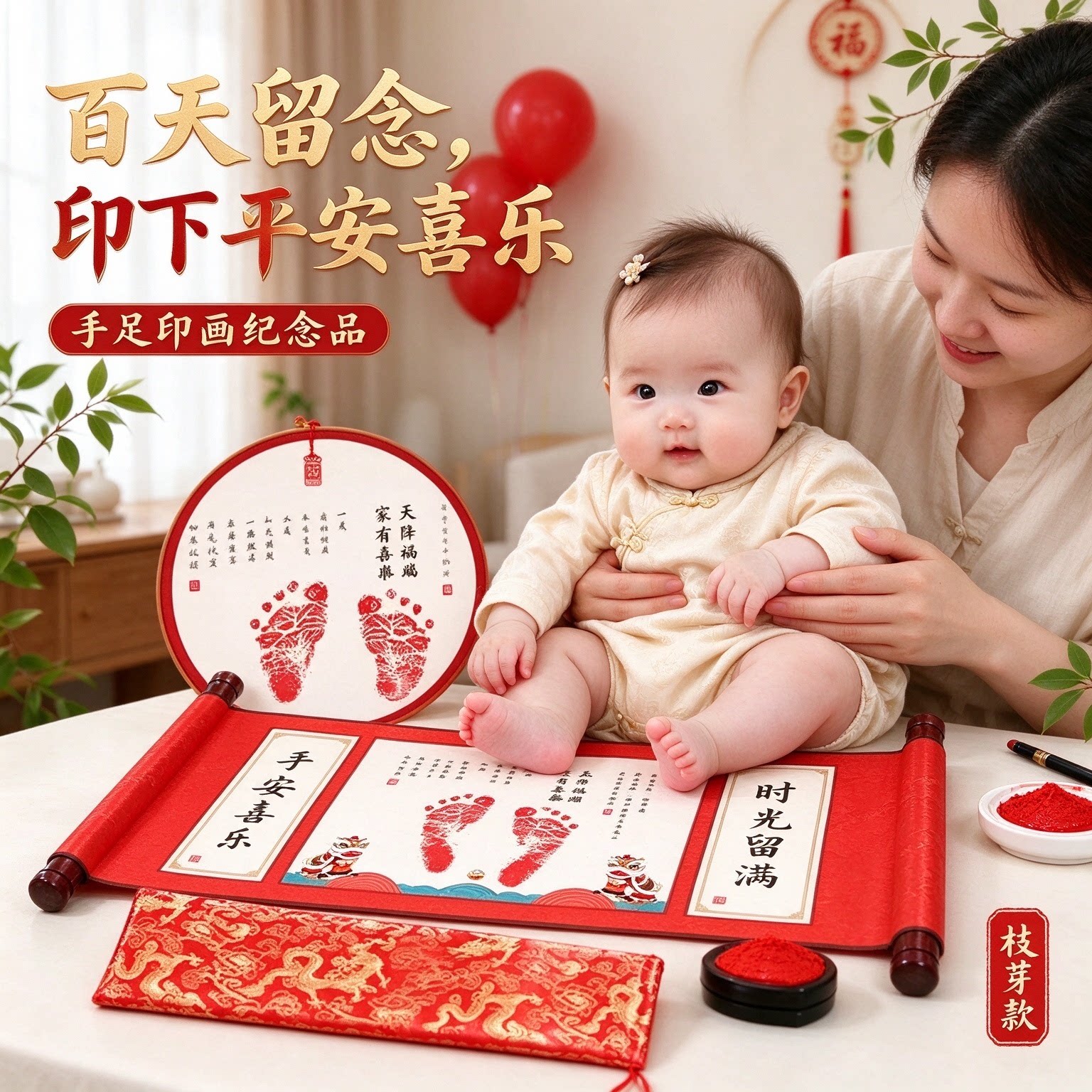 百天平安喜乐手足印画纪念品时光留念福气满满健康快乐知足常乐