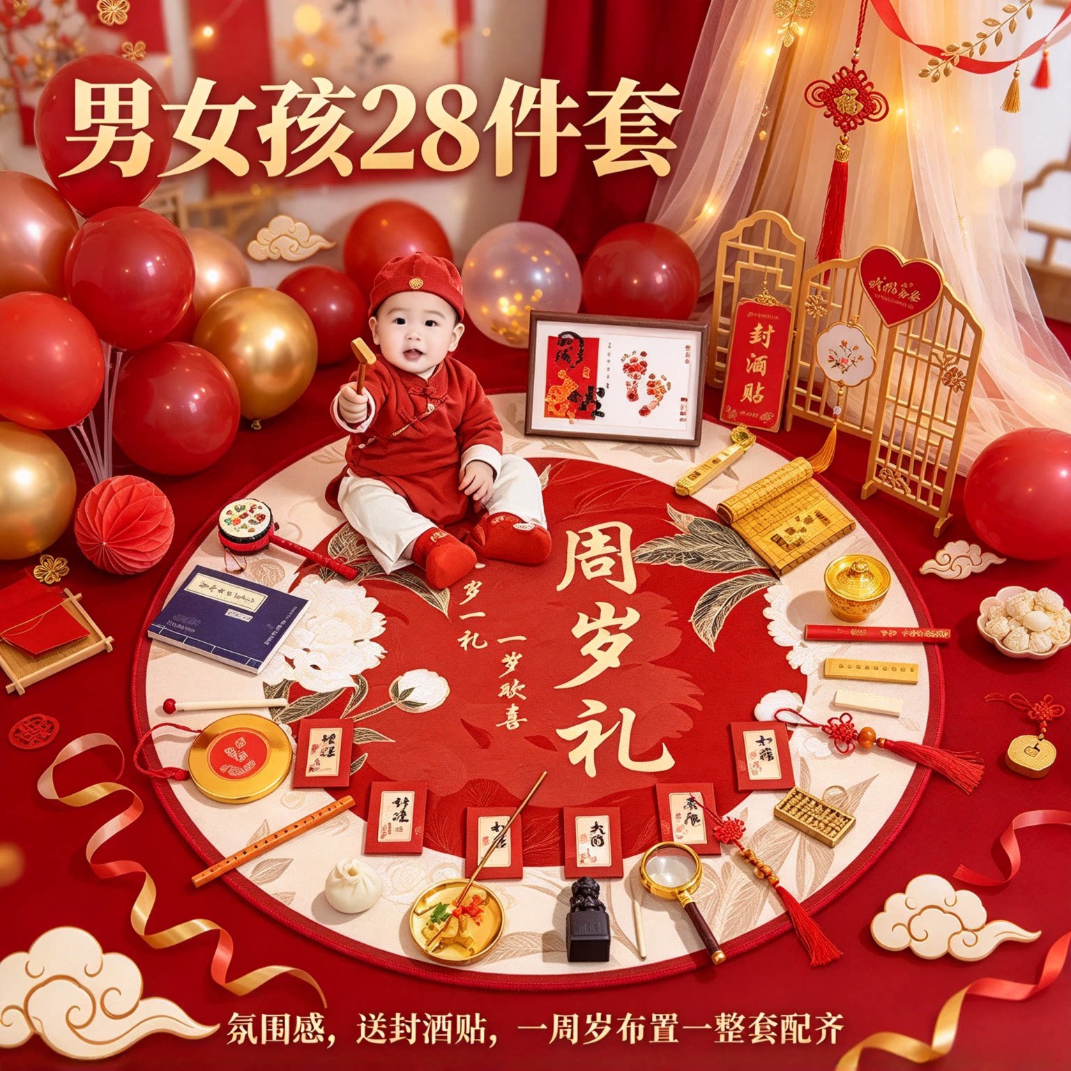 婴儿抓周用品套装男女孩28件套氛围感送封酒贴一周岁布置一整套
