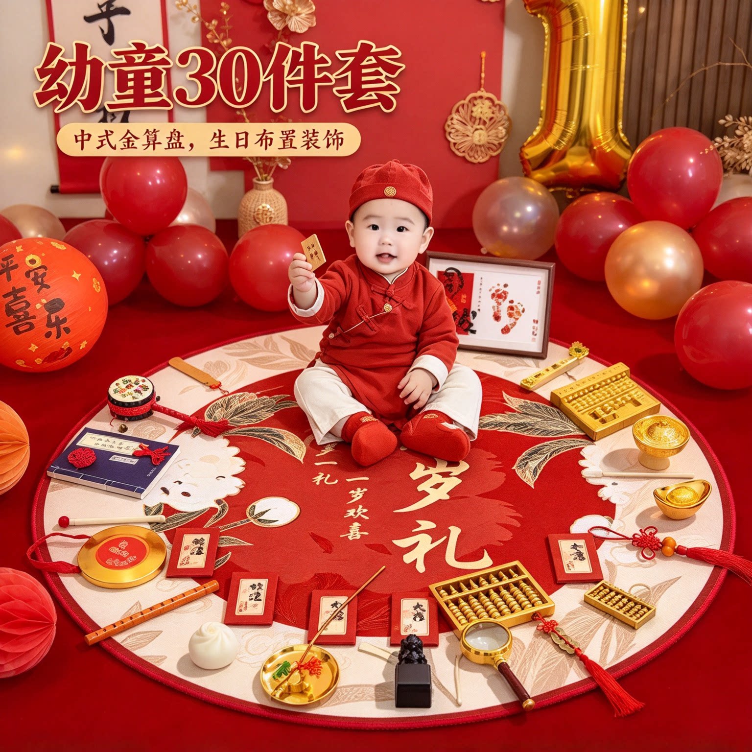 周岁礼抓周道具全套幼童30件套中式金算盘生日布置装饰用品大全