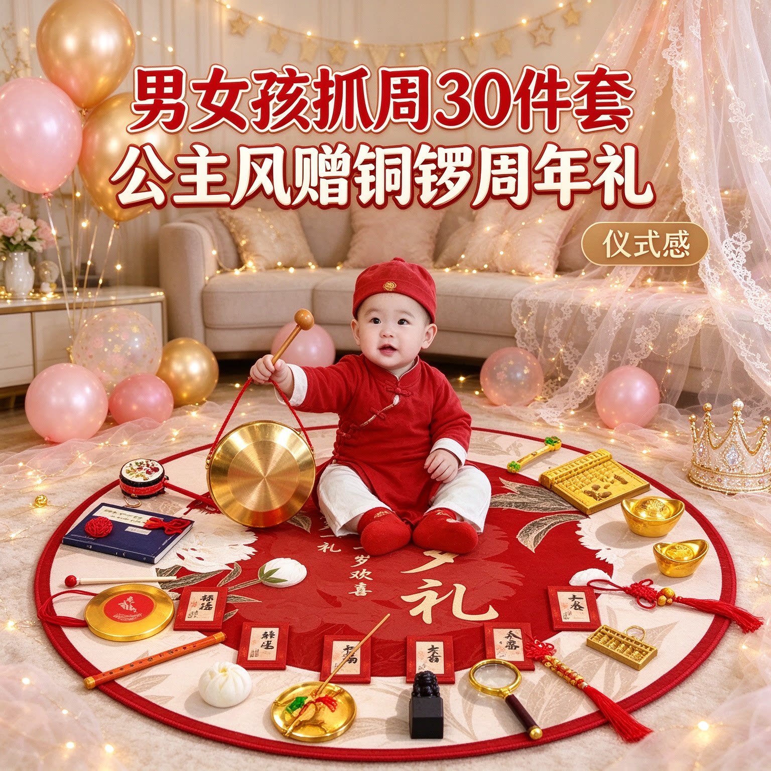 婴儿抓周道具男女孩30件套公主风赠铜锣一周岁布置套装用品大全