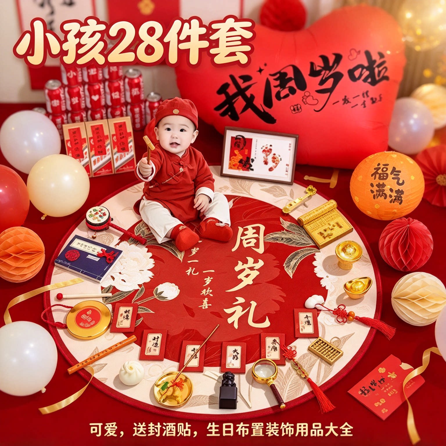 周岁礼抓周道具全套小孩28件套可爱送封酒贴生日布置装饰用品大全