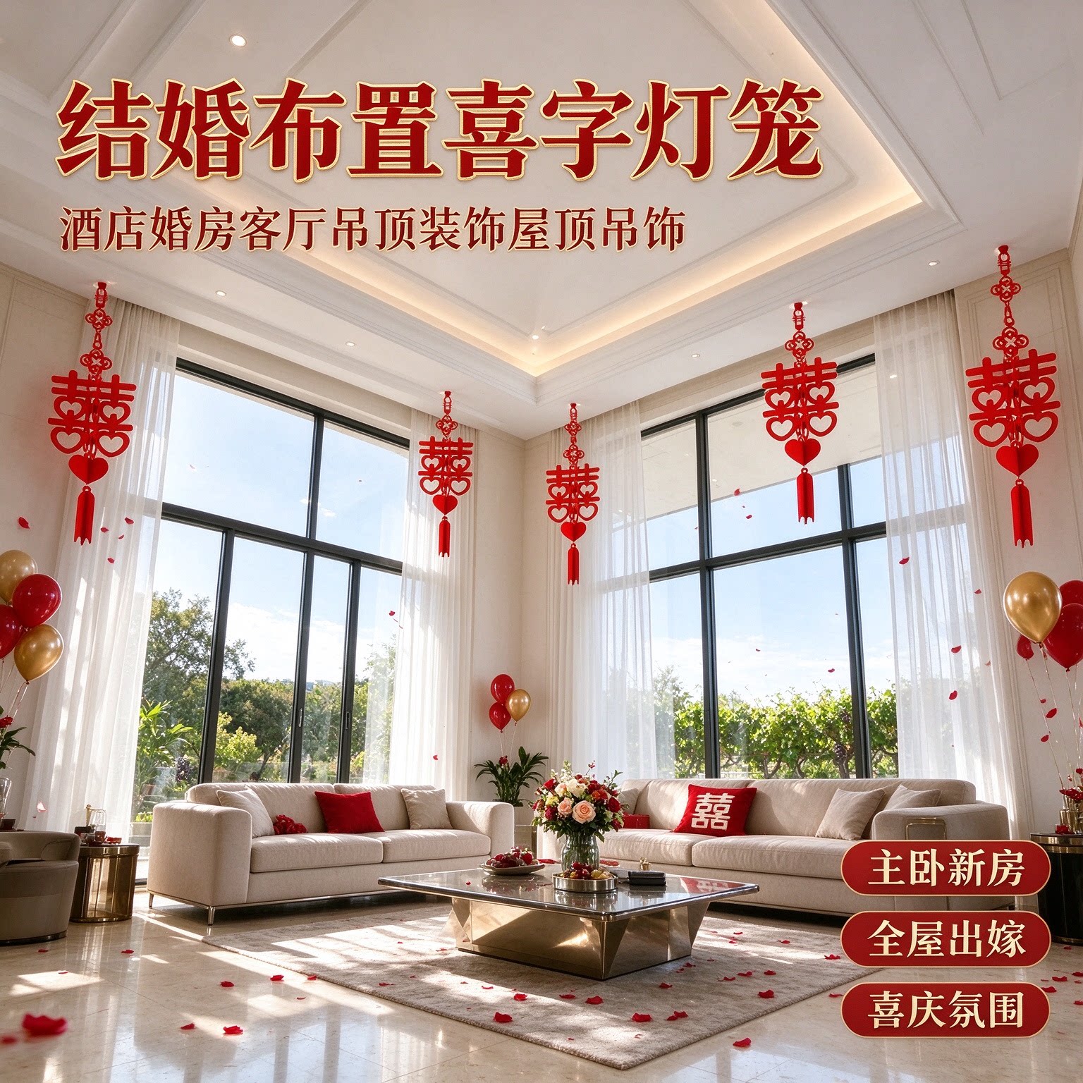 结婚布置喜字灯笼酒店婚房客厅吊顶装饰屋顶吊饰主卧新房全屋出嫁