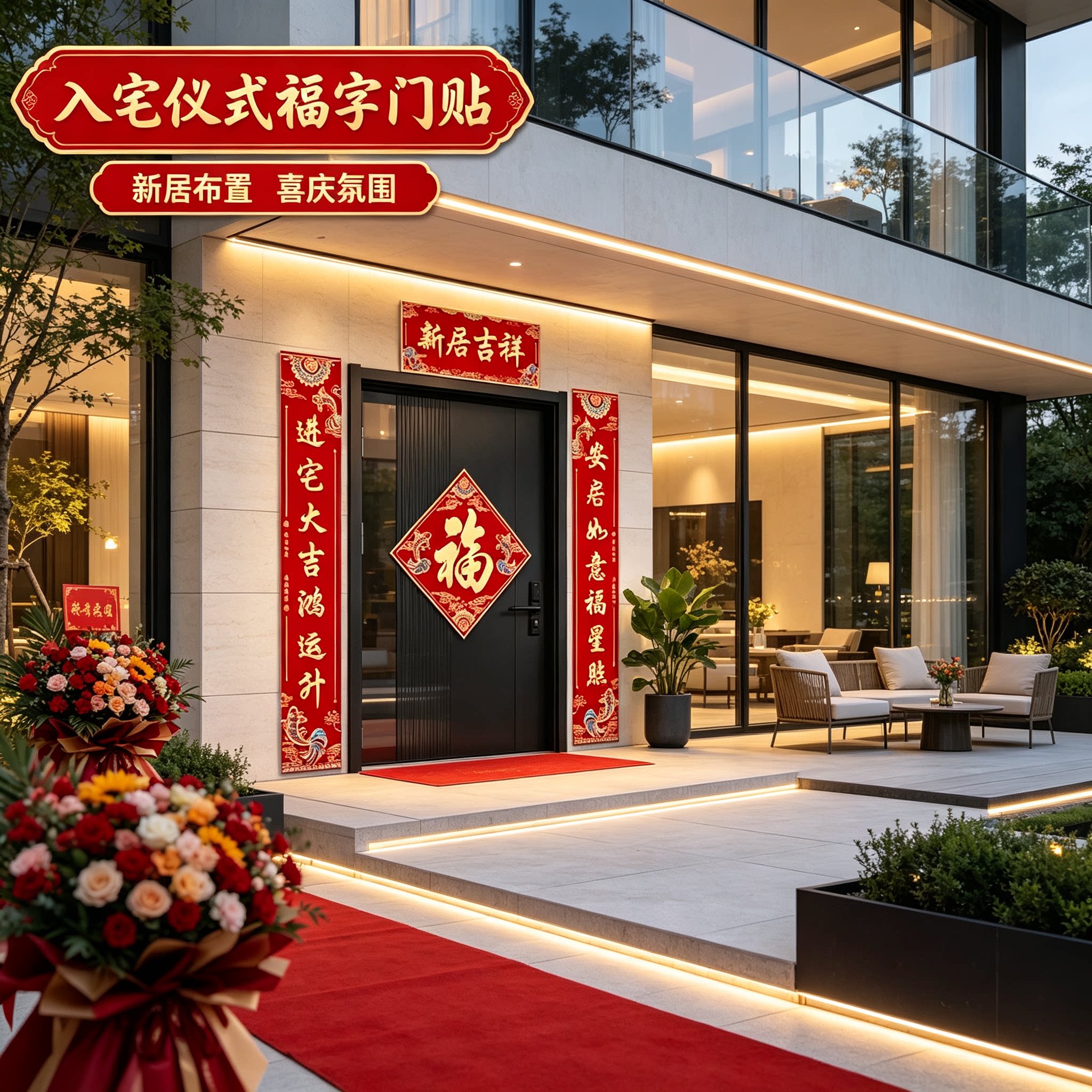 乔迁大喜门上贴对联大尺寸自带背胶新居搬家入宅装饰布置福字门贴