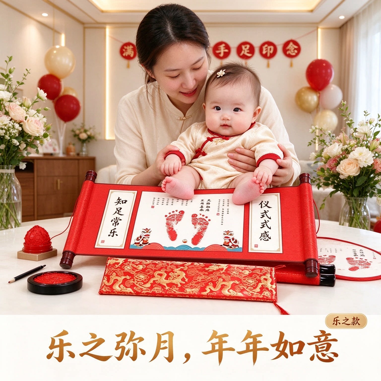 满月宝宝纪念手足印满月酒纪念品用心留念年年如意知足常乐仪式感