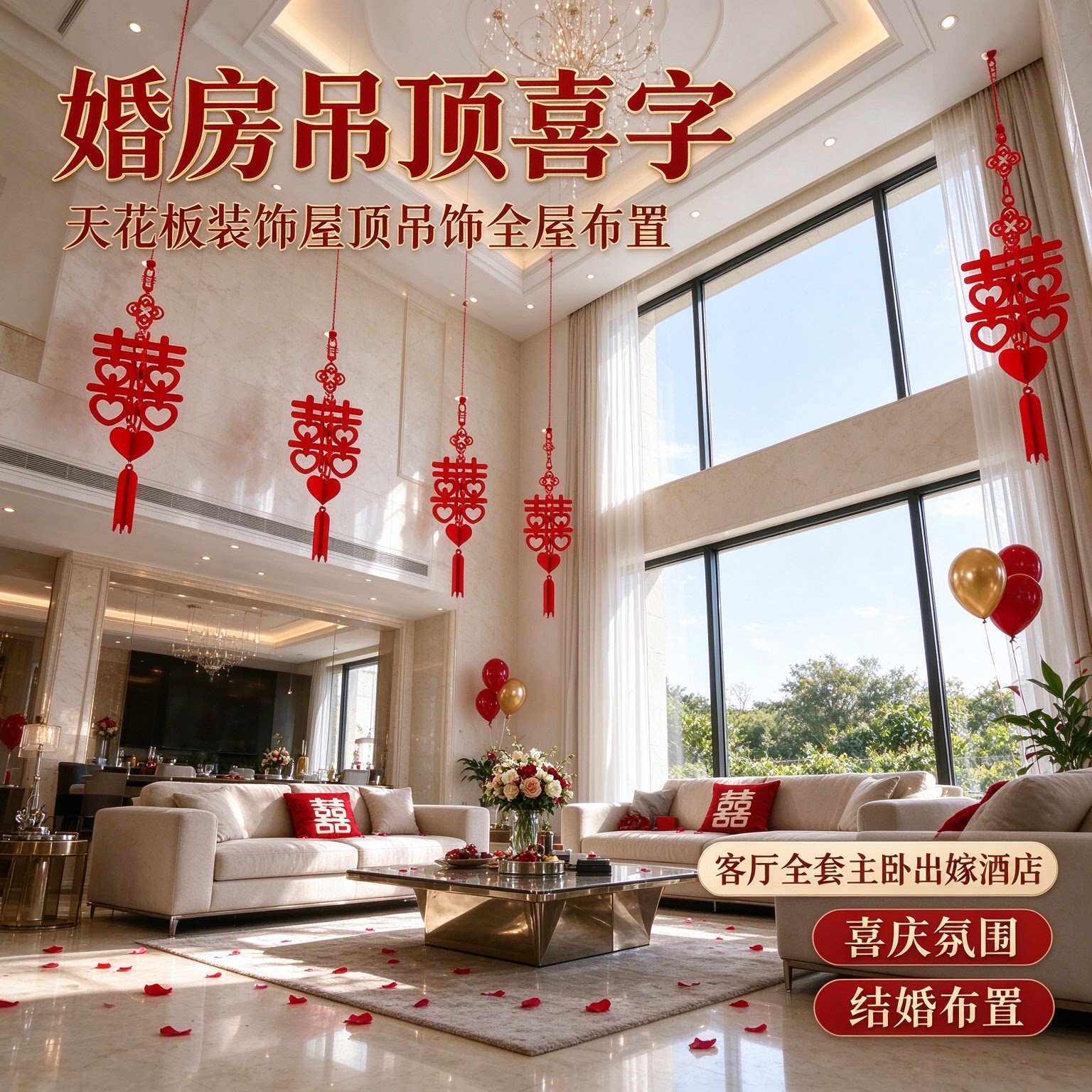婚房吊顶喜字天花板装饰屋顶吊饰全屋布置客厅全套主卧出嫁酒店