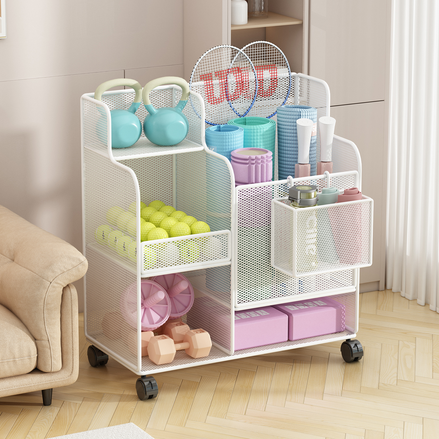 瑜珈垫收纳筐运动器材健身收纳层架夹缝小推车置物架家用羽毛球带