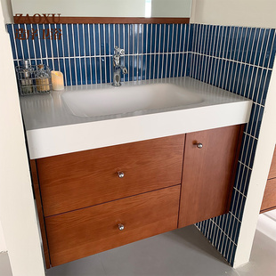 柚木色中古风浴室柜岩板热弯一体盆定制洗漱台小红书同款