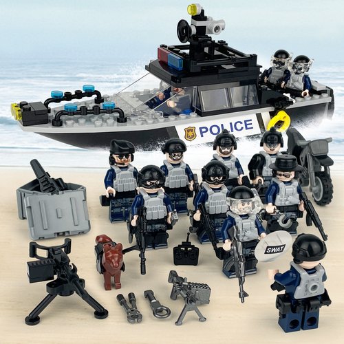 男孩拼装玩具简单初学特警警察快艇气垫船模型适用于乐高积木人仔