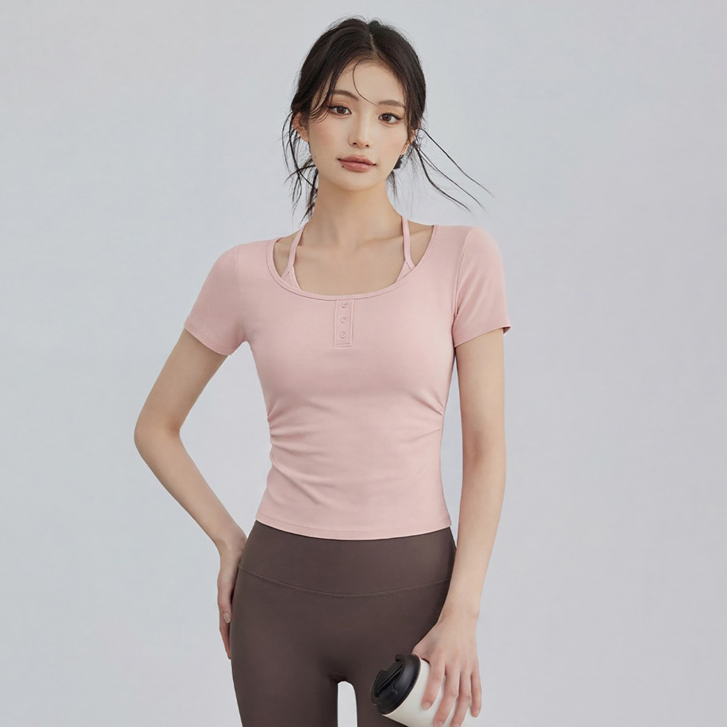 春夏季挂脖瑜伽服女带胸垫一体式固定杯健身衣假两件短袖运动上衣