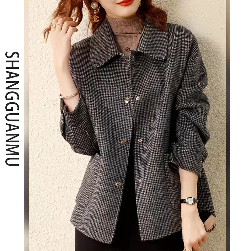 反季双面呢大衣女小个子短款双面羊毛呢外套千鸟格宽松妈妈大码