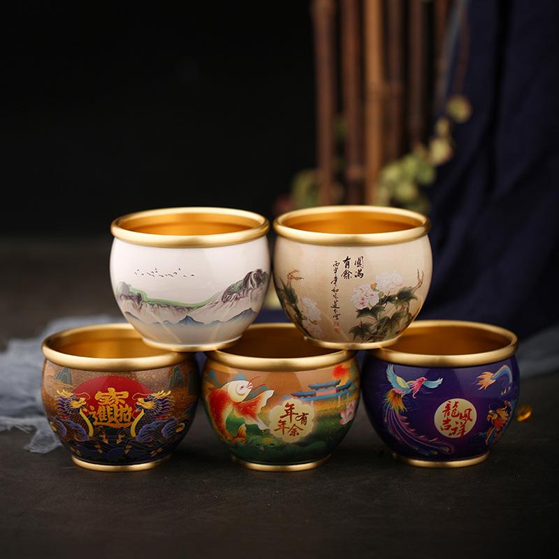 彩绘聚宝盆黄铜油彩百福缸米缸办公室居家创意工艺品聚财摆件礼品