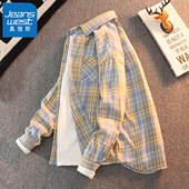 潮牌透气青少年宽松休闲衬衣翻领外套 男春秋季 真维斯格子长袖 衬衫