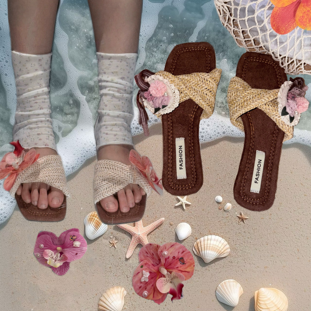 黑樱酱 自制沙滩野餐编织花朵平底拖鞋女鞋夏天外穿时尚凉拖凉鞋