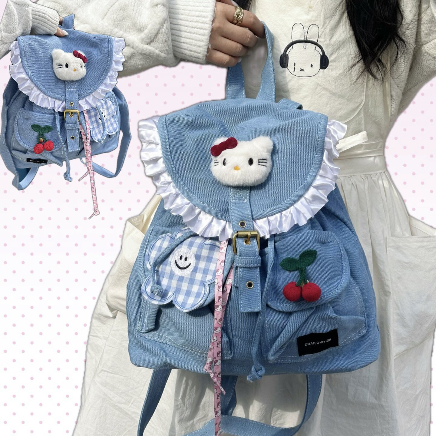 黑樱酱自制浅蓝水洗牛仔可爱日韩复古学院风y2k抽绳穿搭双肩书包