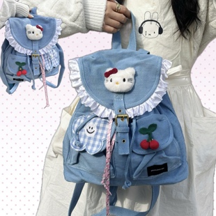 黑樱酱自制浅蓝水洗牛仔可爱日韩复古学院风y2k抽绳穿搭双肩书包