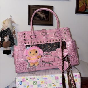 黑樱酱 自制芭比粉y2k辣妹鳄鱼纹复古铆钉星星爱心欧美手提托特包