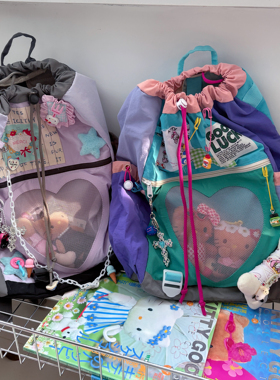 黑樱酱 日韩复古y2k辣妹甜酷撞色贴布慵懒抽绳百搭休闲痛包双肩包