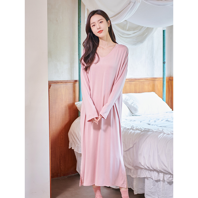 宅格格春秋季简约长款睡裙冬