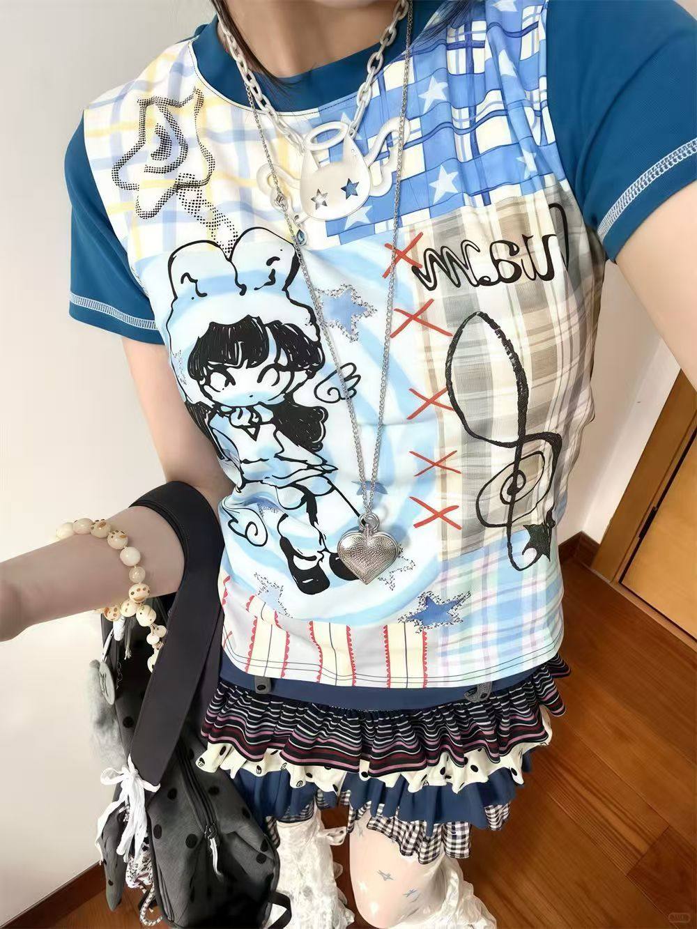 American High Street Hand-Painted Cartoon Graffiti Print Short-Sleeved T-Shirt for Women 2025 New arrival Home Cute silm Short Tops Y2K