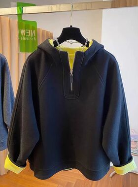 半拉链连帽毛呢卫衣女冬季大码胖mm宽松高级时尚复古加厚呢子上衣
