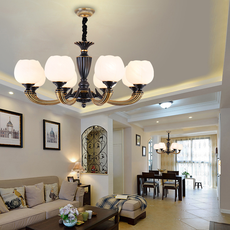美式复古全铜吊灯客厅全铜灯具餐厅卧室奢华大气云石吊灯灯具