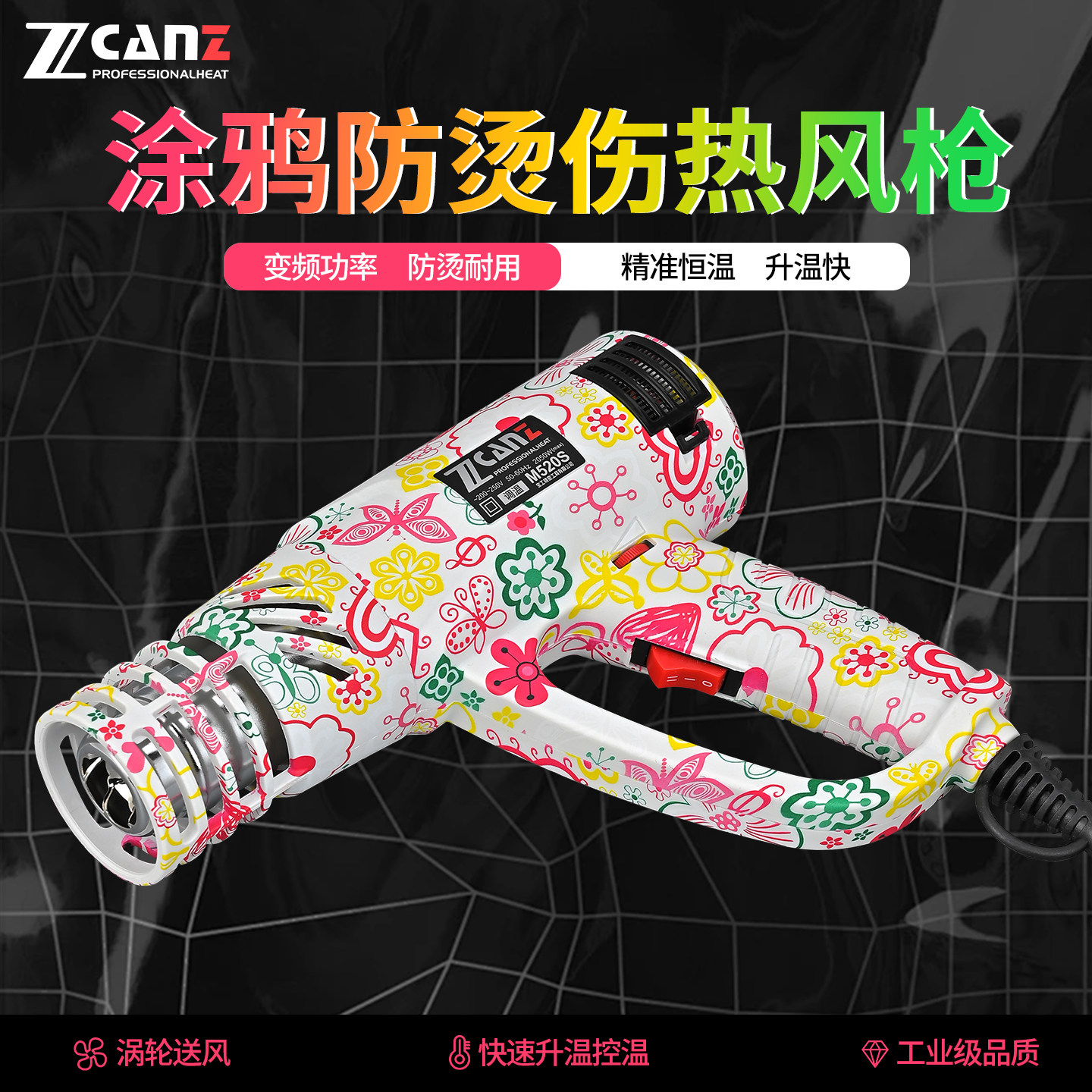 卓能ZCANZ彩绘涂鸦款热风枪贴膜烤枪大功率热缩膜吹风机工业烘枪