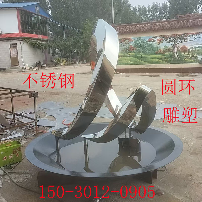 大型不锈钢雕塑定制户外廊架校园水景镜面圆环小鹿镂空球精神堡垒