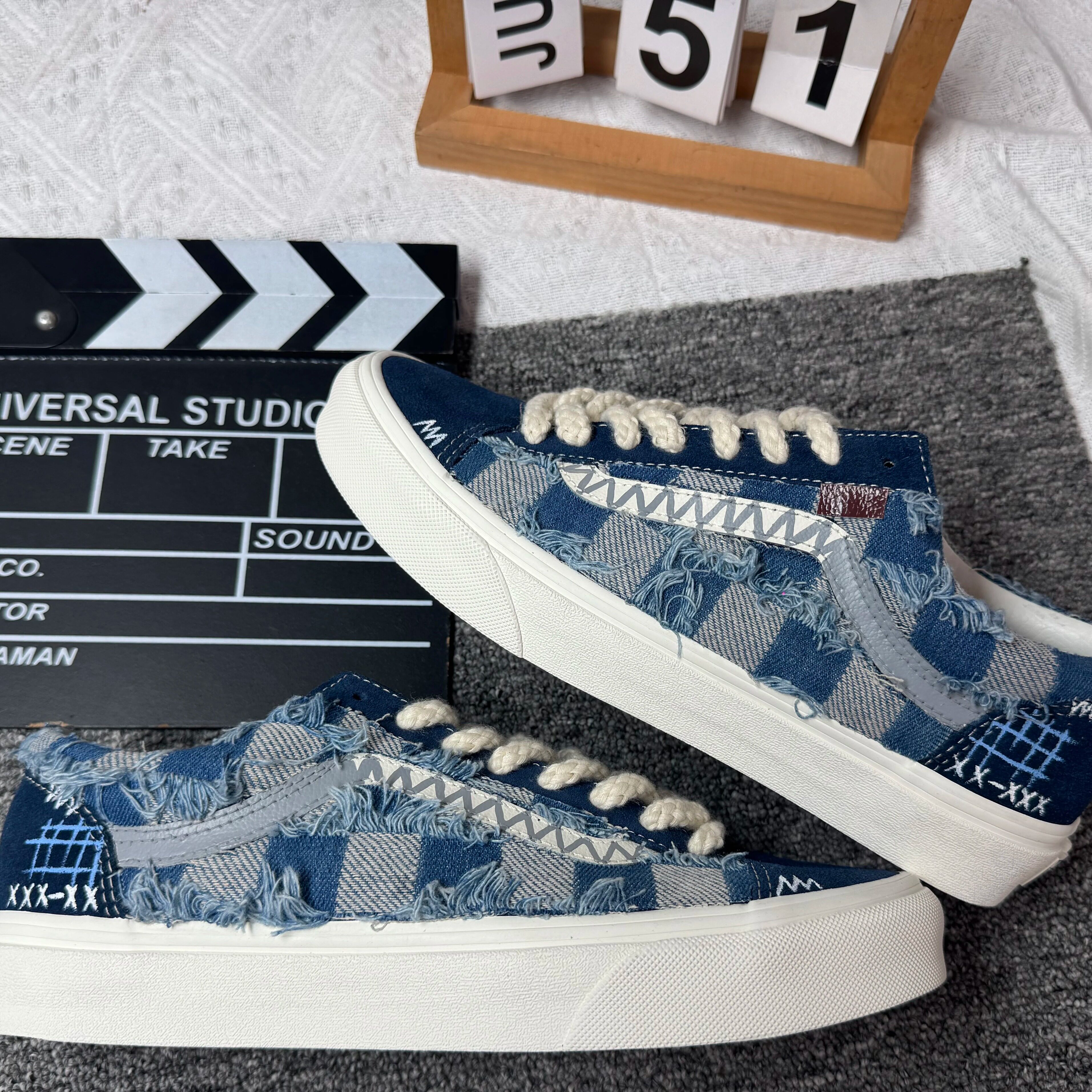 VANS藏蓝复古蓝格定制帆布鞋